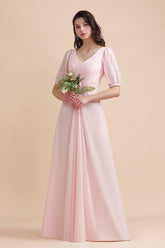 A-Line V-Neck Chiffon Ruffles Bridesmaid Dresses with Short Sleeves